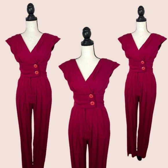 Vintage Pants - Vintage 80's Magenta Pleated Body Suit | SIZE XS-S